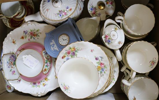 A Minton teaset, a pair of Spode blue and white soup plates, a Sevres style cup and saucer